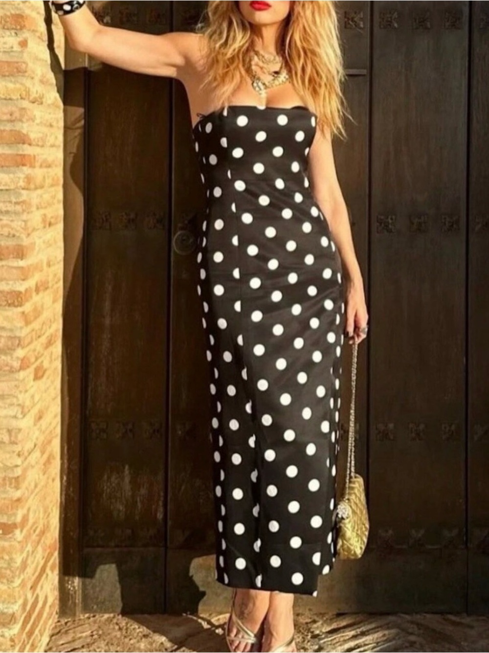 NWOT Zara Collection Black Strapless Polka Dot Midi Dress Size Small
